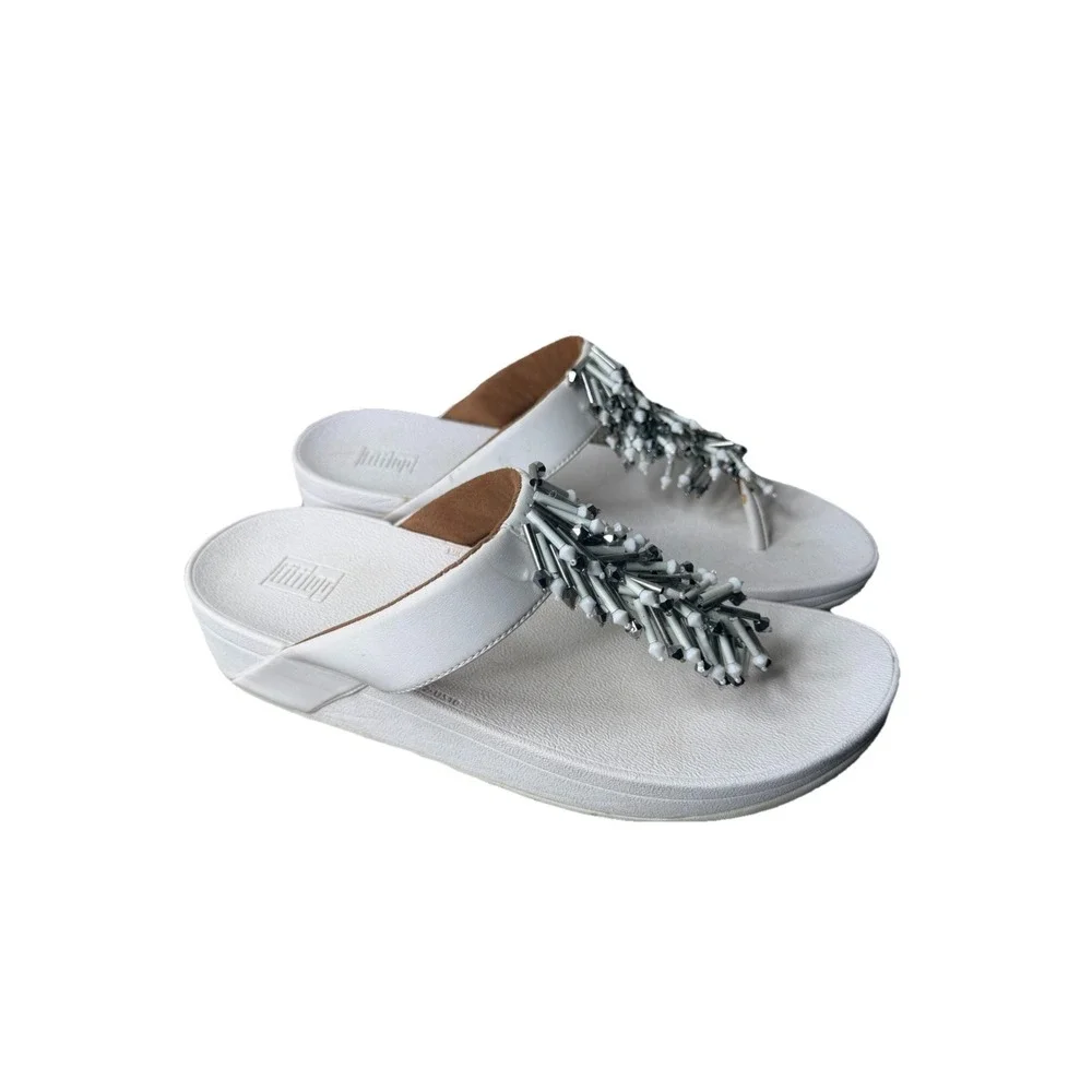 FitFlop White Silver Beaded Wedge Thong Slip On Sandals Women's US 10 M